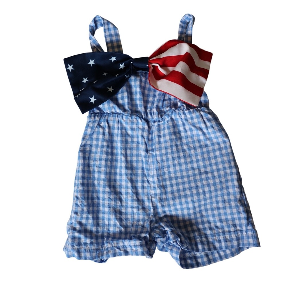 Shein Baby Girl Blue Gingham Romper Patriotic Star Bow 3-6M 100% Cotton